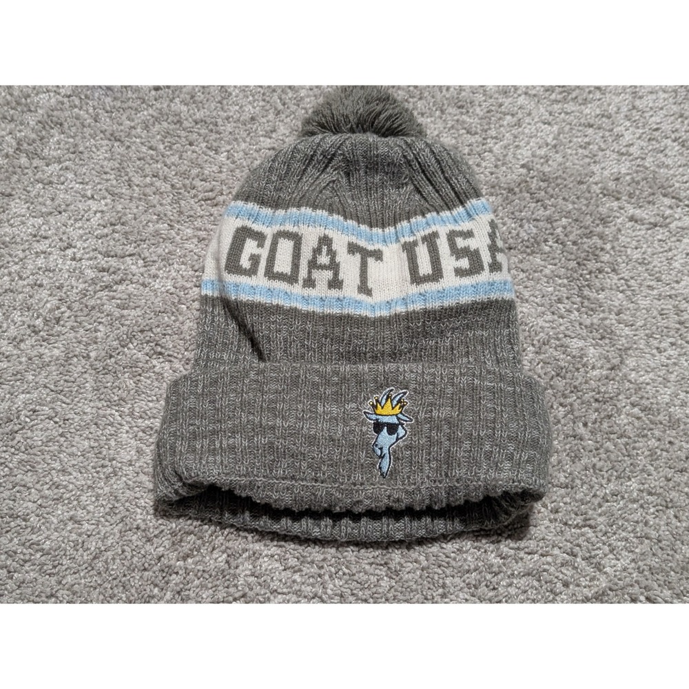 GOAT USA Beanie Unisex‎ OSFA Gray Blue Pom-Pom Fleece Lined Knit Graphic Hat